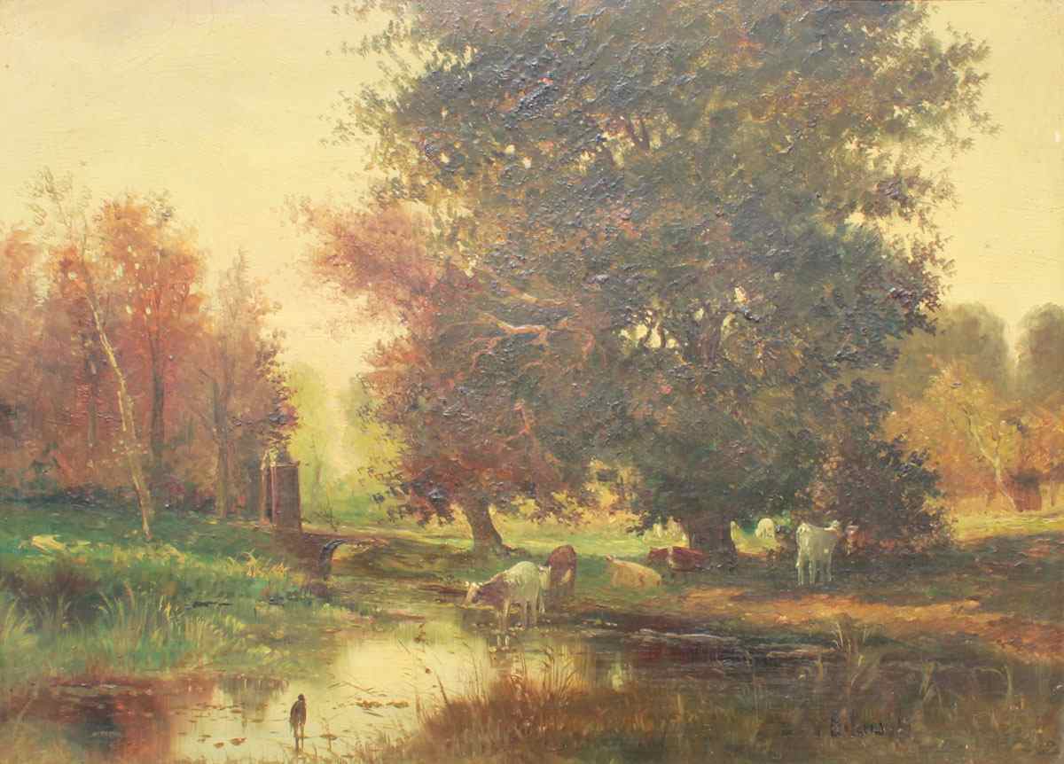 Appraisal: GOOD PASTORIAL LANDSCAPE DEPICTING COWS WATERING Oil Wood '' x