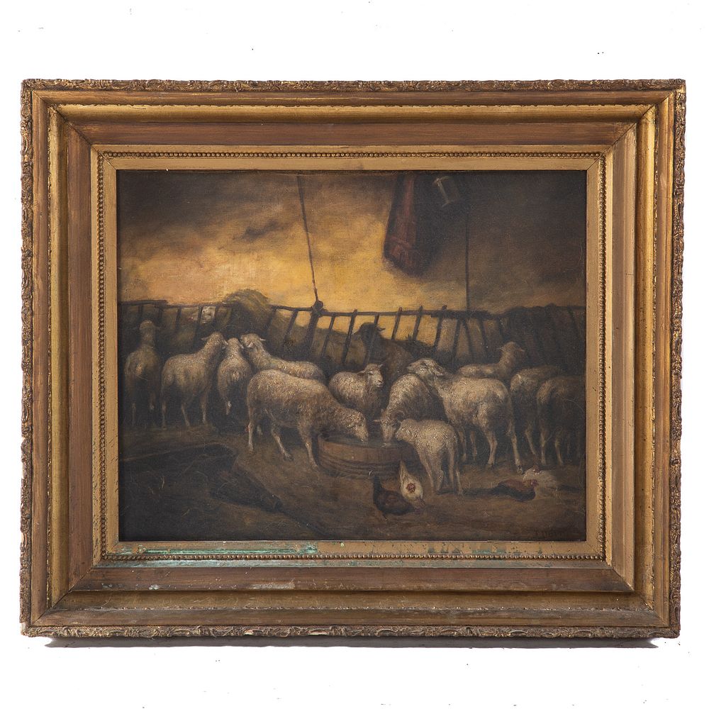 Appraisal: I Dorn Sheep Watering in a Barn Oil on Canvas