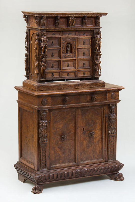 Appraisal: ITALIAN CARVED WALNUT CREDENZA WITH SUPERSTRUCTURE With an overhanging molded