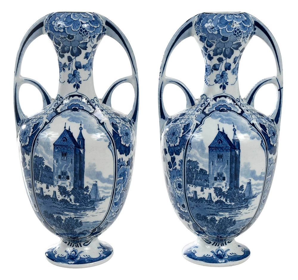 Appraisal: Pair of Delft Blue and White Handled Vases Dutch th