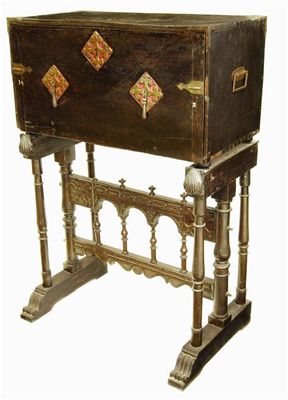 Appraisal: A Spanish walnut vargueno on stand with later gilded mounts