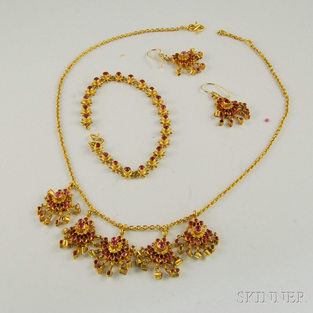 Appraisal: Assembled Indian-style High-karat Gold and Ruby Suite including a gold