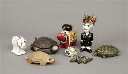 Appraisal: Five Ceramic Papier-M ch Sheet-Metal and Coconut Shell Bobbing-Head Turtle