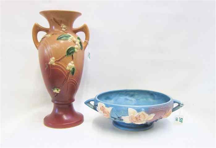 Appraisal: TWO ROSEVILLE POTTERY PIECES a '' tall double handled vase