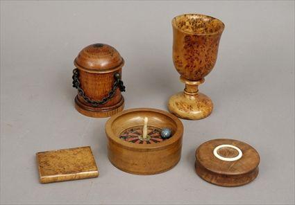 Appraisal: Five Treenware Articles Including a cup covered box hung with