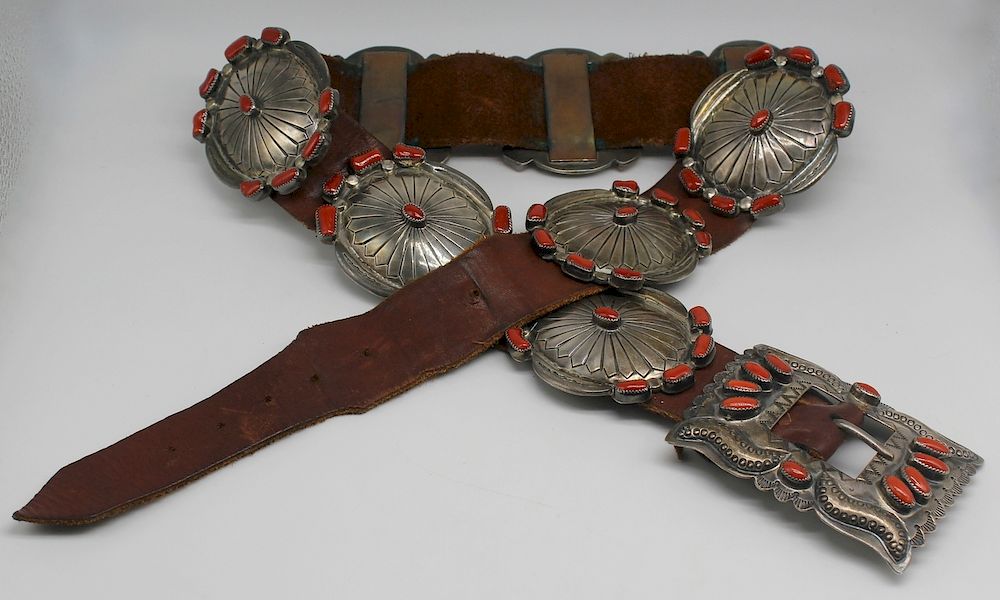 Appraisal: STERLING Orville Tsinnie Sterling and Red Coral Concho Belt Orville