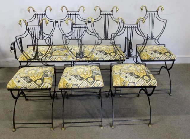 Appraisal: Neoclassical Lyre Back and Swan Form Patio Set Includes a