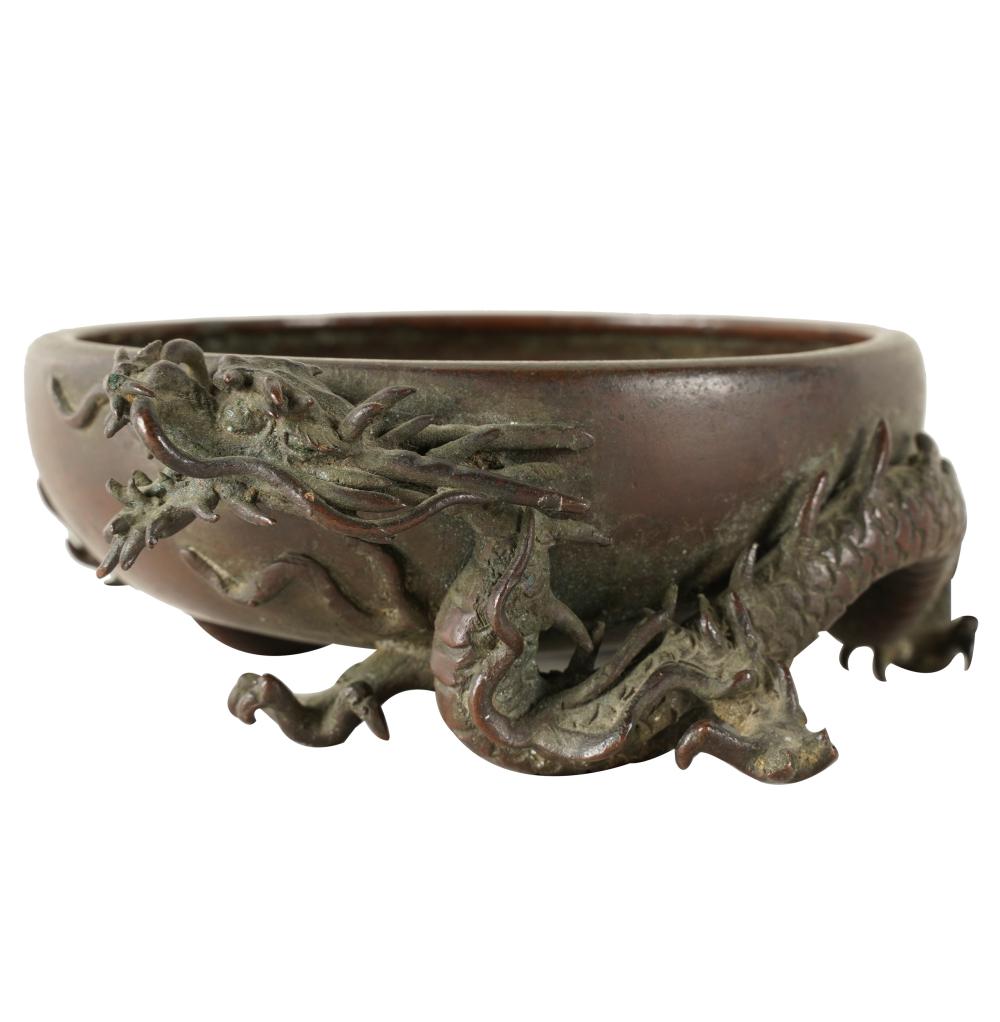 Appraisal: CHINESE BRONZE BRUSH WASHERsigned to underside relief-decorated with dragons inches