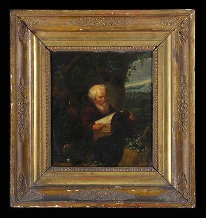 Appraisal: EUROPEAN SCHOOL FRIAR READING IN THE WOODS Oil on wood