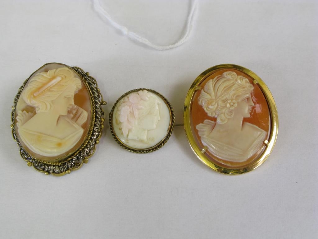 Appraisal: Three cameo brooches in yellow metal mounts -