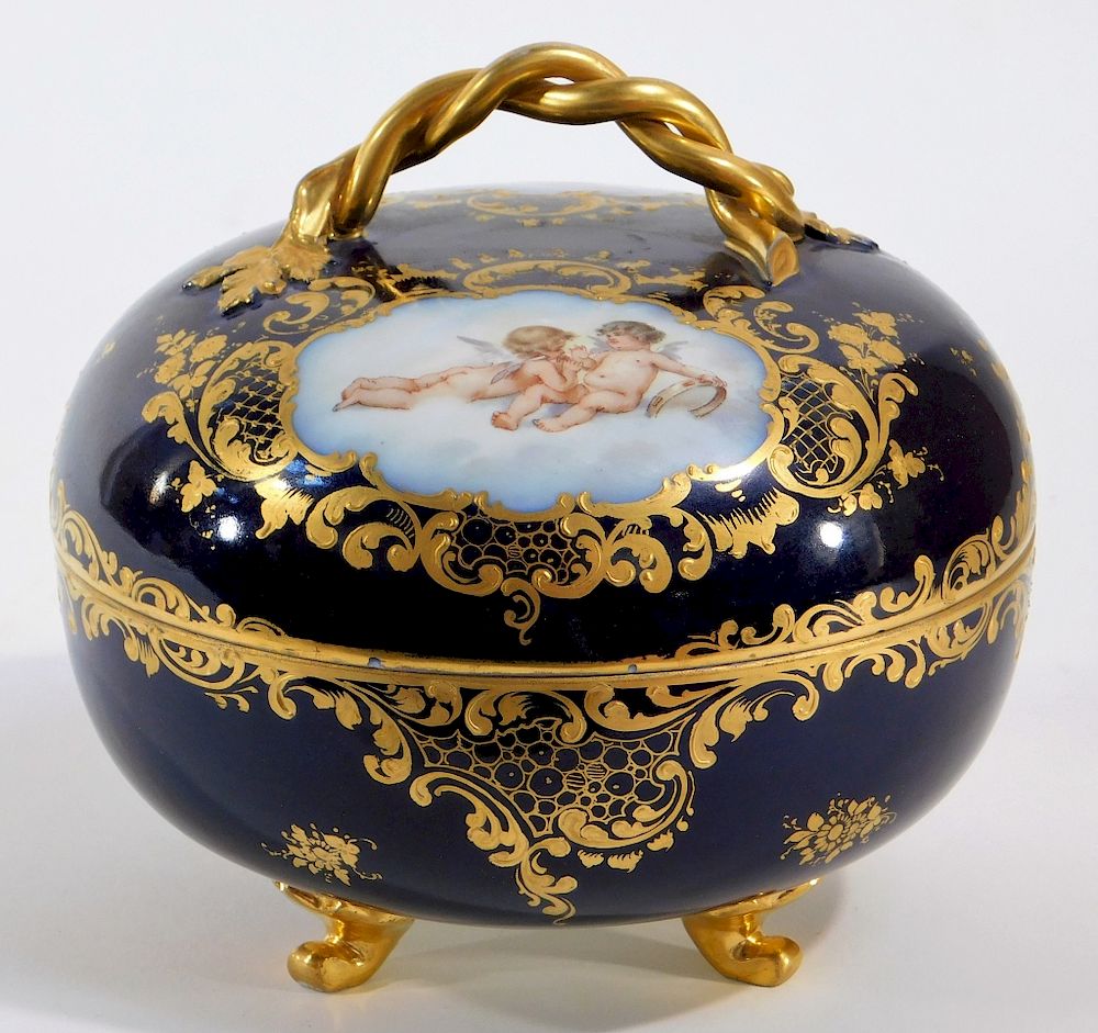 Appraisal: German Dresden Cobalt Blue Porcelain Covered Box Germany Late th