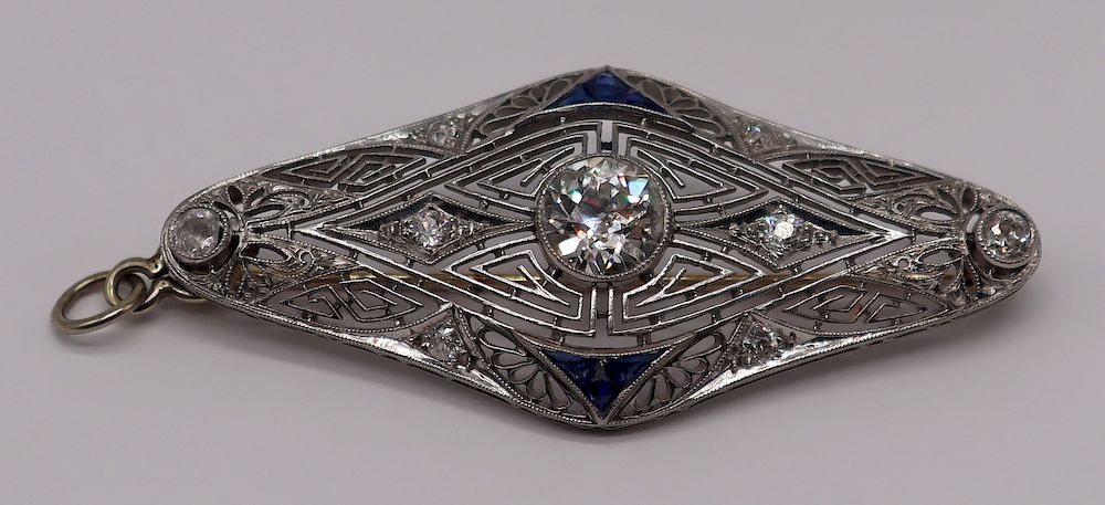 Appraisal: JEWELRY Art Deco Filigree Diamond and Sapphire Pendant or Brooch