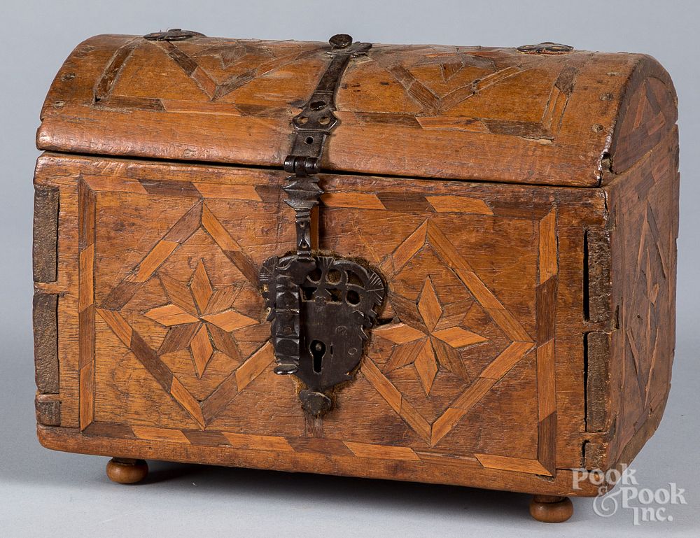 Appraisal: Continental parquetry inlaid lock box th c Continental parquetry inlaid