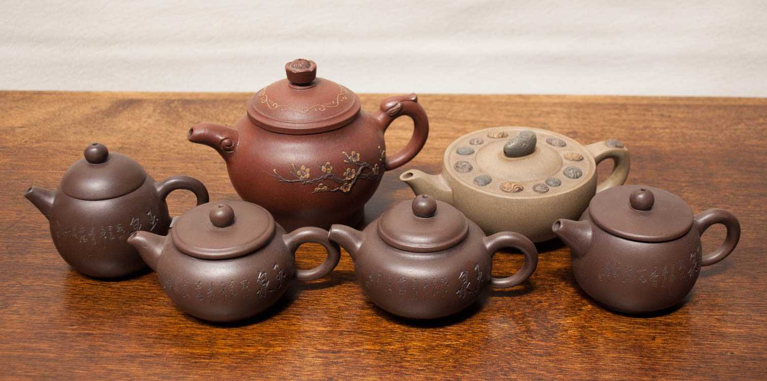 Appraisal: SIX CHINESE REPUBLIC ZISHA TEAPOTS in a variety of colors