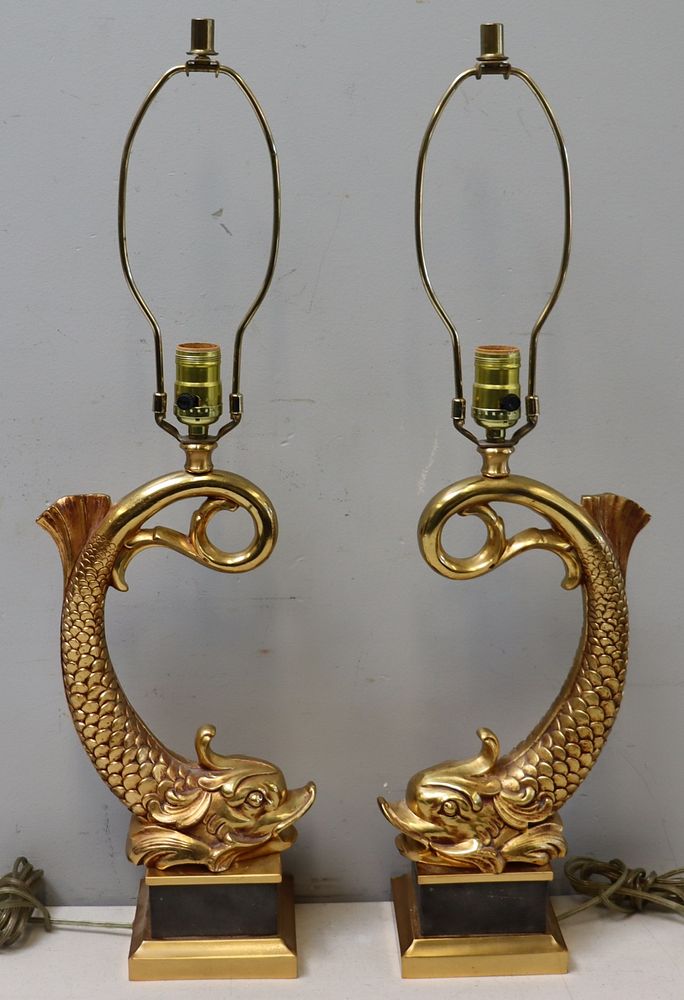 Appraisal: A Vintage Pair Of Gilt Metal Dolphin Form Lamps Nice