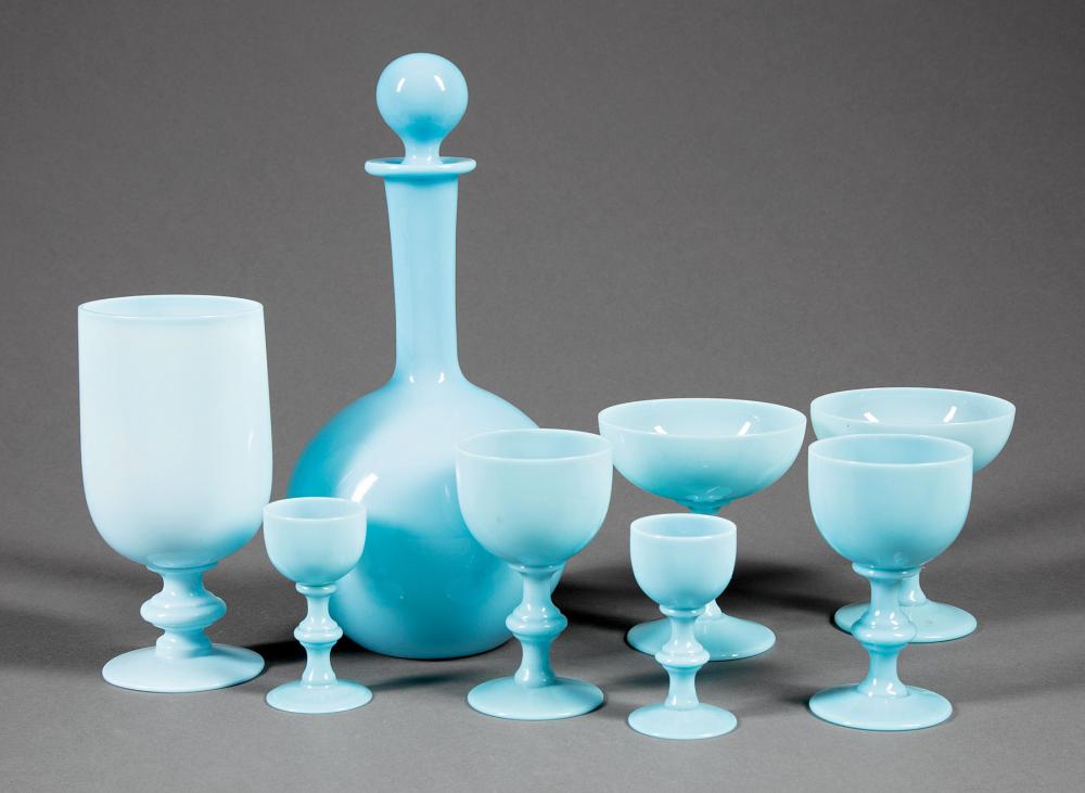 Appraisal: American Turquoise Opaline Glass Drinks Set incl decanter h in