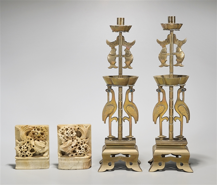 Appraisal: Four Chinese pieces including pair of brass candlesticks together with