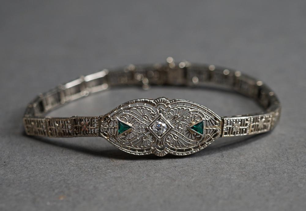 Appraisal: -Karat White-Gold Diamond and Synthetic Emerald Bracelet gross dwt L