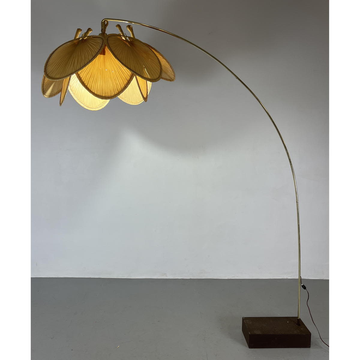 Appraisal: Modernist Rattan Fan Shade Brass Floor Lamp Miami Modernism Arc