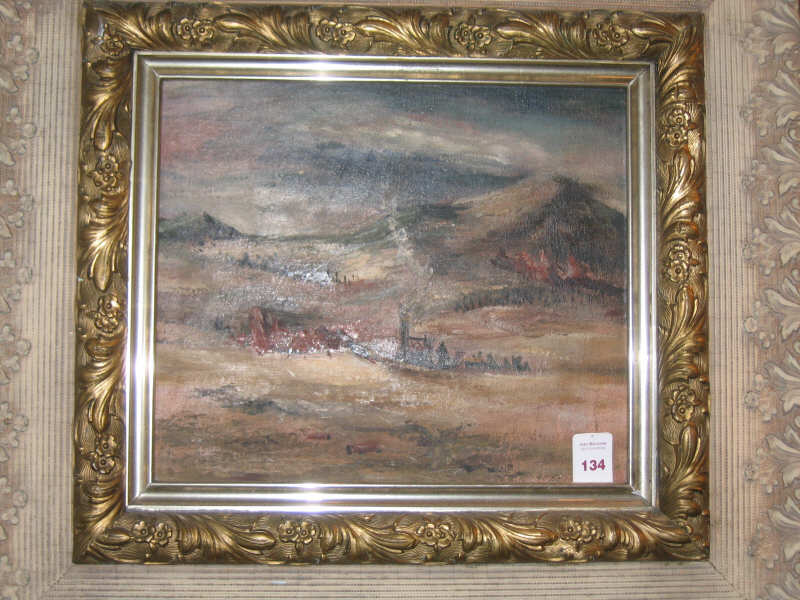 Appraisal: AMERICAN SCHOOL TH CENTURY Mountain landscape with homestead and smoking