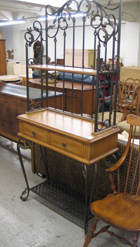 Appraisal: WOOD AND WROUGHT IRON ETAGERE recent manufacture having a console