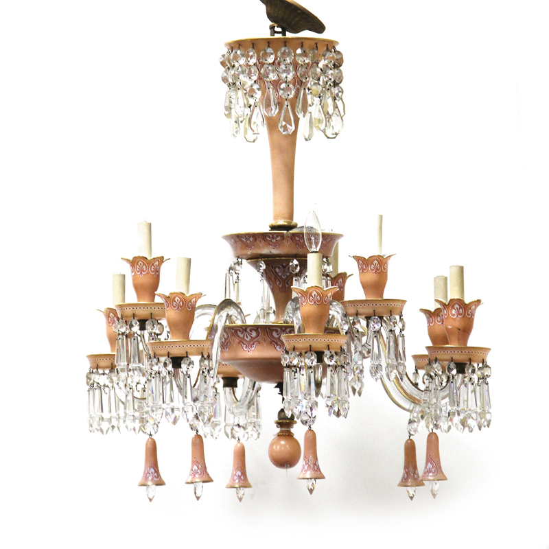 Appraisal: French Empire enameled glass and crystal nine-light chandelier late th