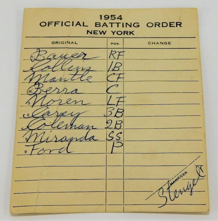 Appraisal: Casey Stengel Yankees Official Batting Order United States Manager Casey