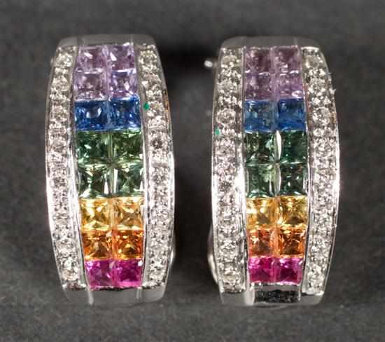 Appraisal: Pair of K white gold diamond and multi-colored gemstone semi-hoop