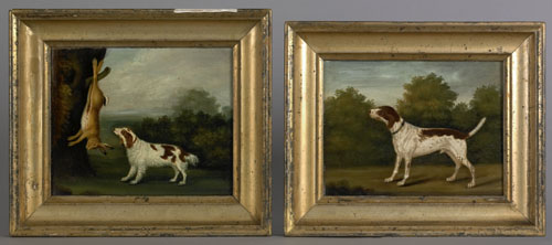 Appraisal: Pair of oil on canvas portraits of hunting dogs ca