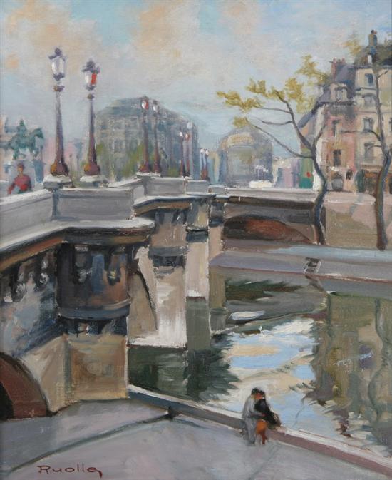 Appraisal: LUCIEN RUOLLE French b PARISIAN LOVERS ON THE SEINE signed