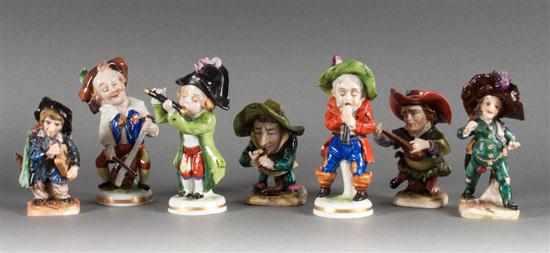 Appraisal: Seven assorted German porcelain figures of dwarf musicians th century