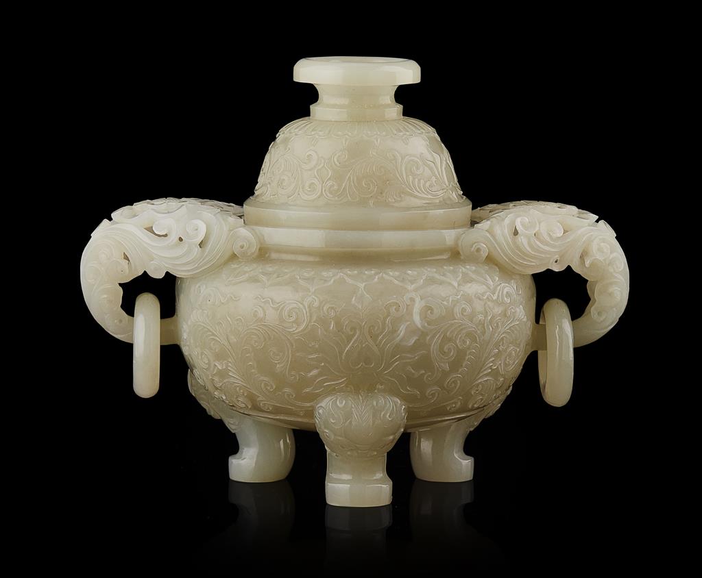 Appraisal: WHITE JADE CARVED TRIPOD CENSER AND COVER of compressed globular