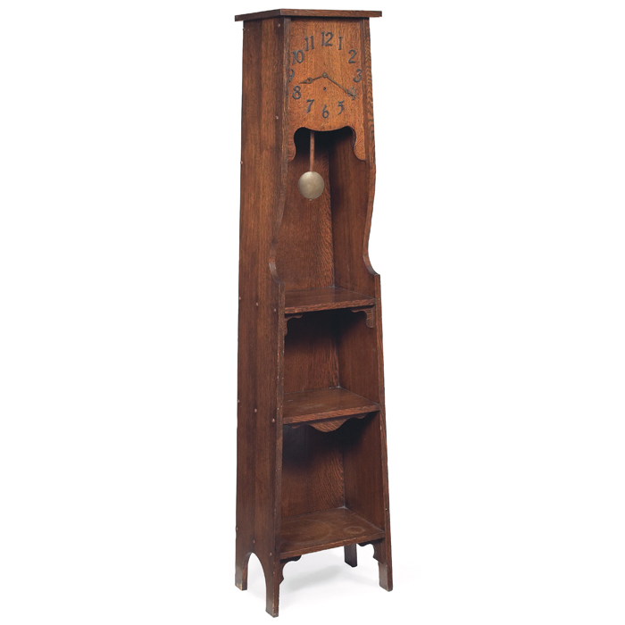 Appraisal: Arts and Crafts grandfather clock three open shelves supported by