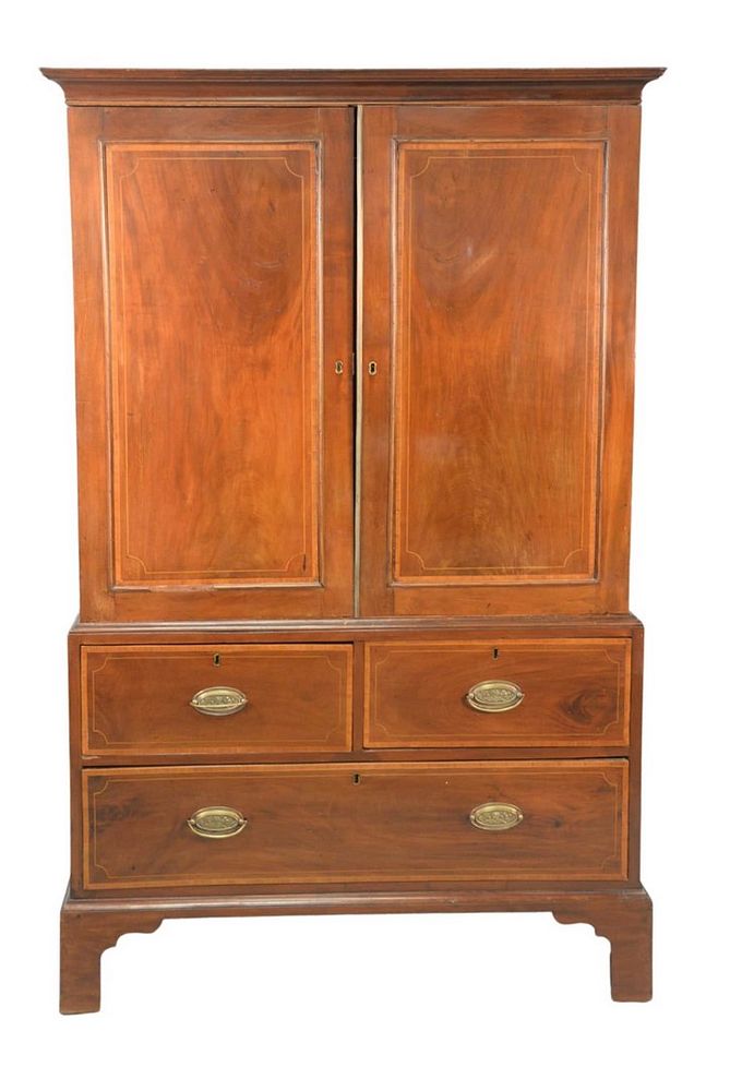 Appraisal: Mahogany Linen Press in two parts on bracket feet late