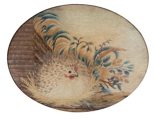 Appraisal: A Pair of American Wooly Embroidered Oval Panels in Gilt