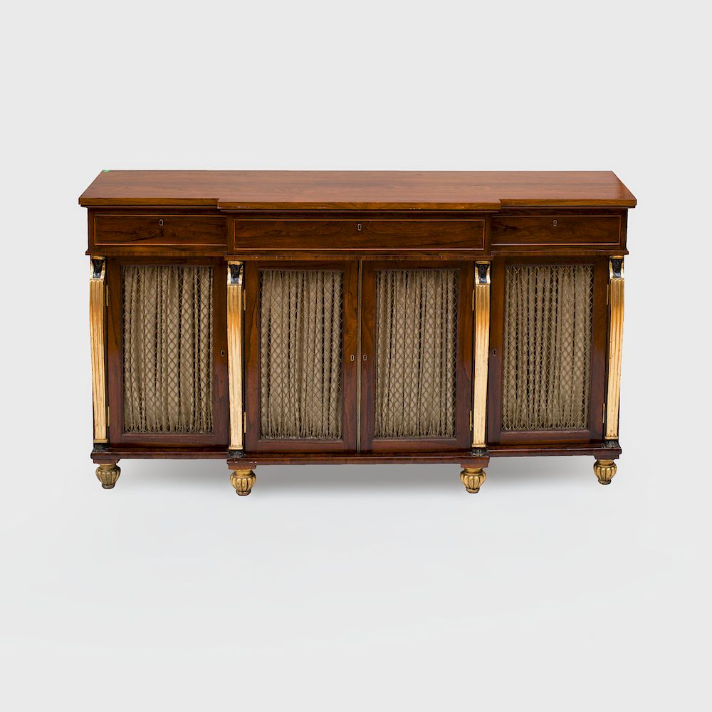 Appraisal: Regency Rosewood Ebonized and Parcel-Gilt Sideboard Of breakfront outline and