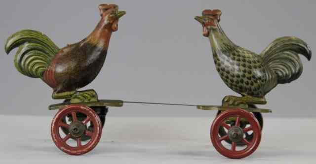 Appraisal: FIGHTING ROOSTERS ON PLATFORM TOY Attributed to Einfalt Germany lithographed