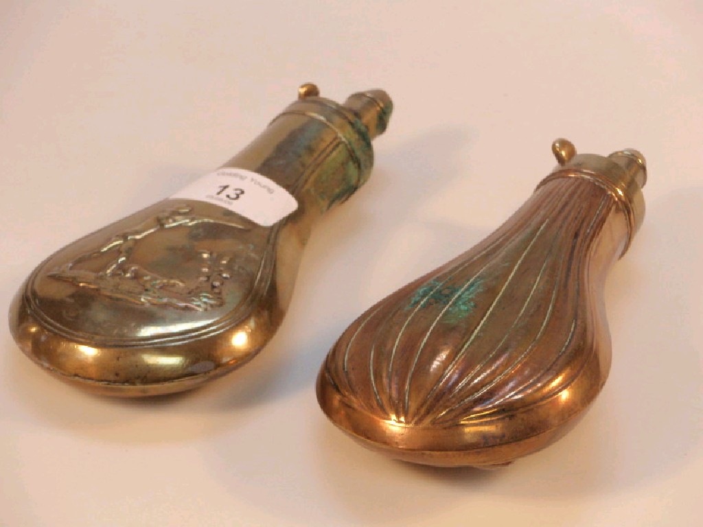 Appraisal: Two early thC powder flasks one copper one brass