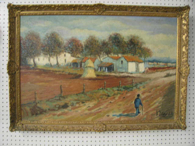 Appraisal: European Oil on Canvas landscape with Village gentleman standing alone