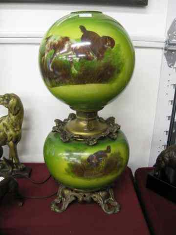 Appraisal: Victorian Banquet Lamp withhunting dog scenes '' tall matching globe