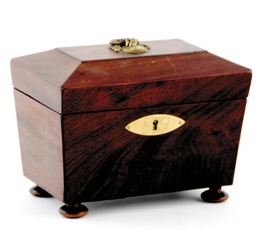 Appraisal: Regency mahogany tea caddy mid th century coffin form with