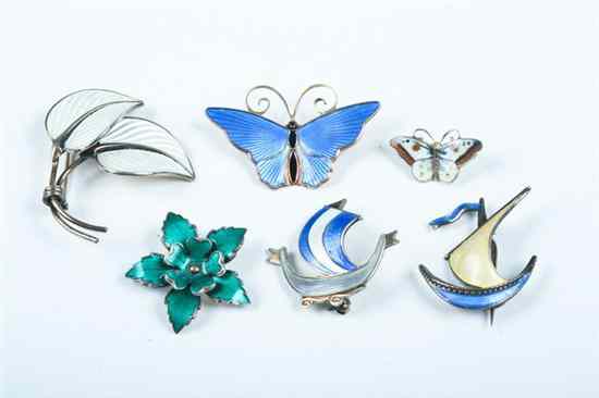 Appraisal: SIX NORWEGIAN ENAMELLED STERLING SILVER BROOCHES mid- th century Including