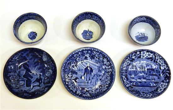 Appraisal: Staffordshire blue transfer-ware three handleless cups and saucers one Clews