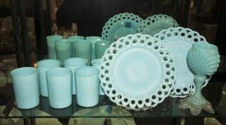 Appraisal: Asst Glass Pieces Powder Blue Cups Plates Overshot Footed Vase