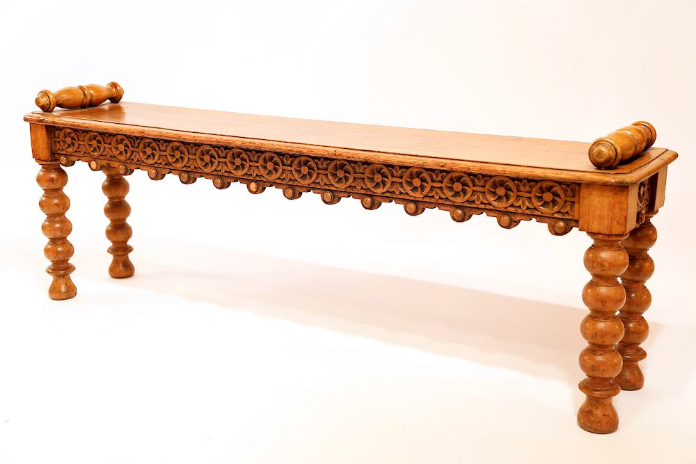 Appraisal: th Century English Oak Spool Leg Bench with Yellow Seat