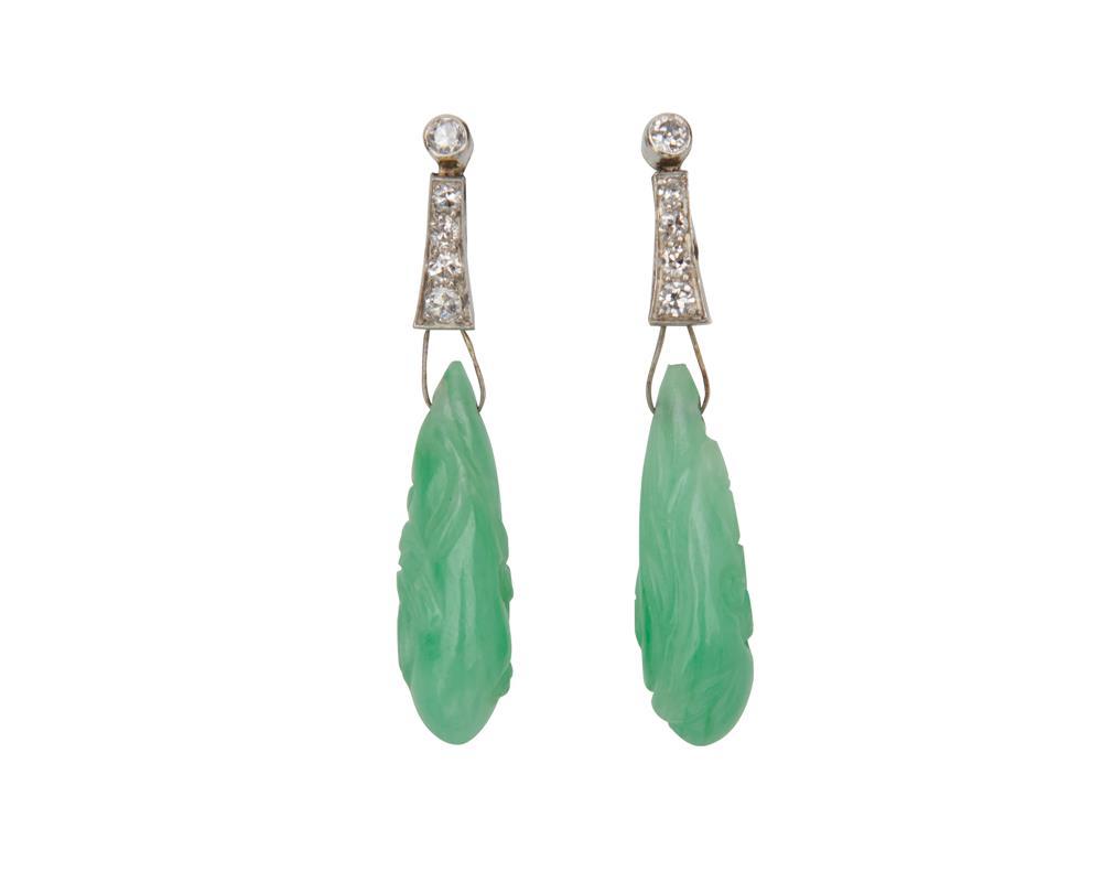 Appraisal: Platinum Carved Jadeite and Diamond Pendant Earrings each set with