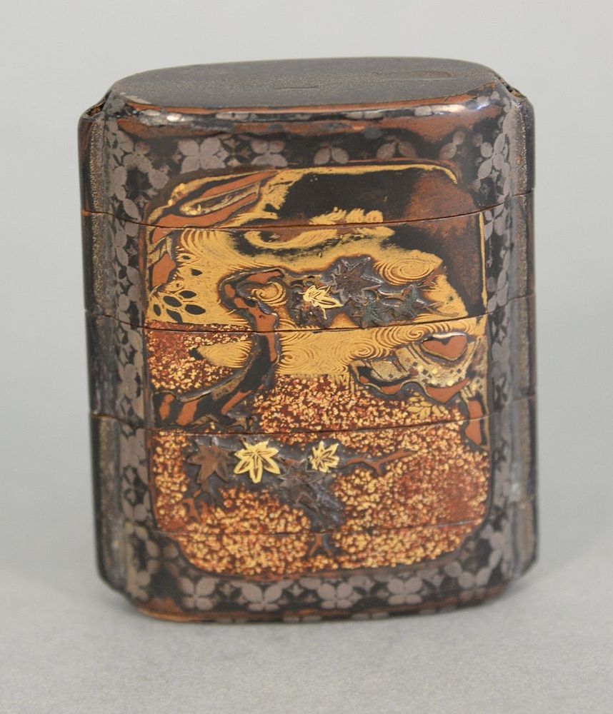 Appraisal: Black lacquered Inro in parts gilt and painted landscape x