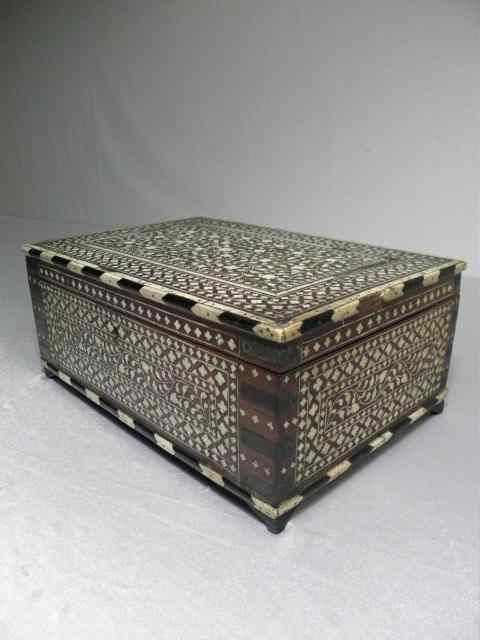 Appraisal: Syrian bone inlaid mosaic wood jewelry box Floral pattern on