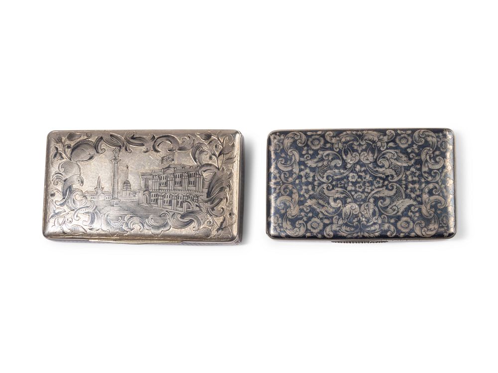 Appraisal: Two Russian Niello Silver Snuff Boxes Two Russian Niello Silver