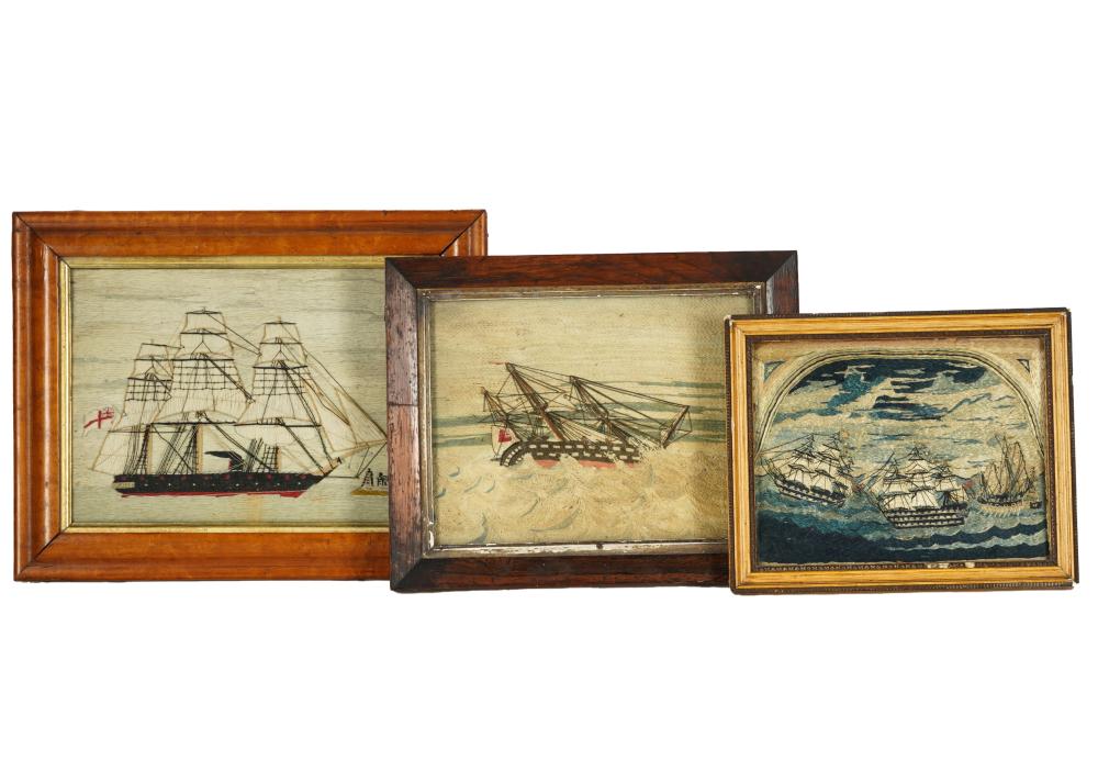 Appraisal: THREE ENGLISH SAILOR'S WOOLWORK PICTURES OR WOOLIES the first depicting